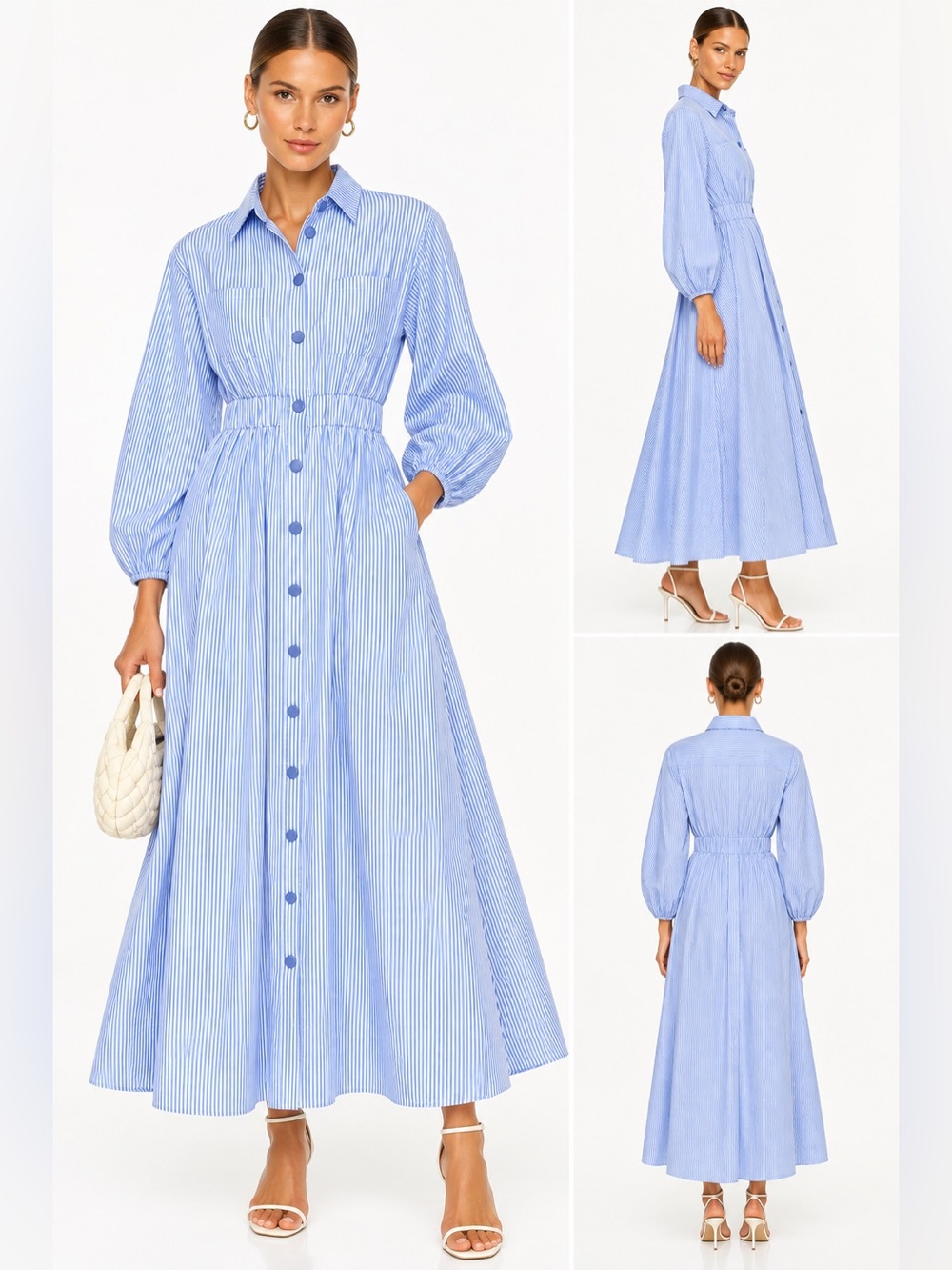 Blue White Striped Button Front Maxi Shirt Dress Elastic Waist - Picture 3 of 9